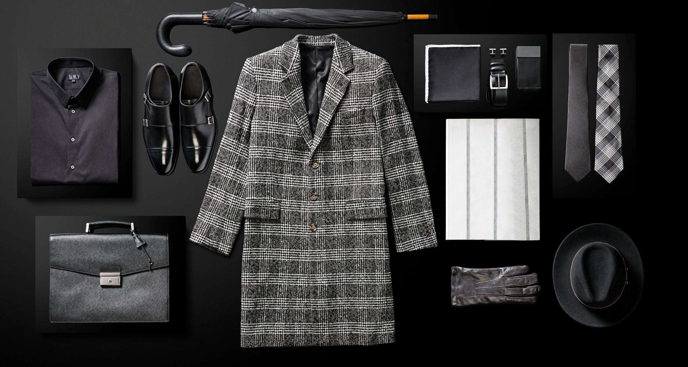 Collection of men's fashion accessories including hats